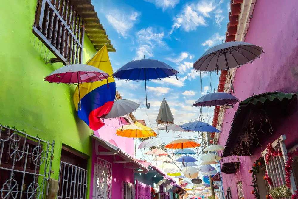 Colorful colonial streets in Colombia with historic architecture and vibrant facades