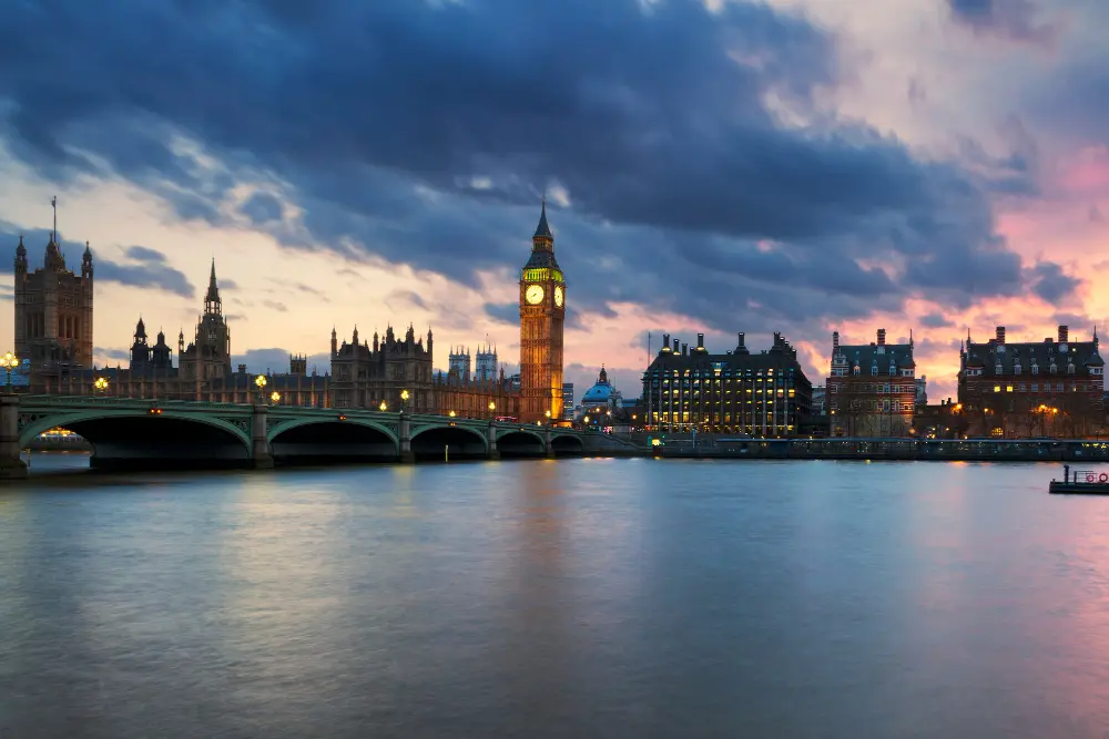 Iconic London skyline with Big Ben and the River Thames on a clear day