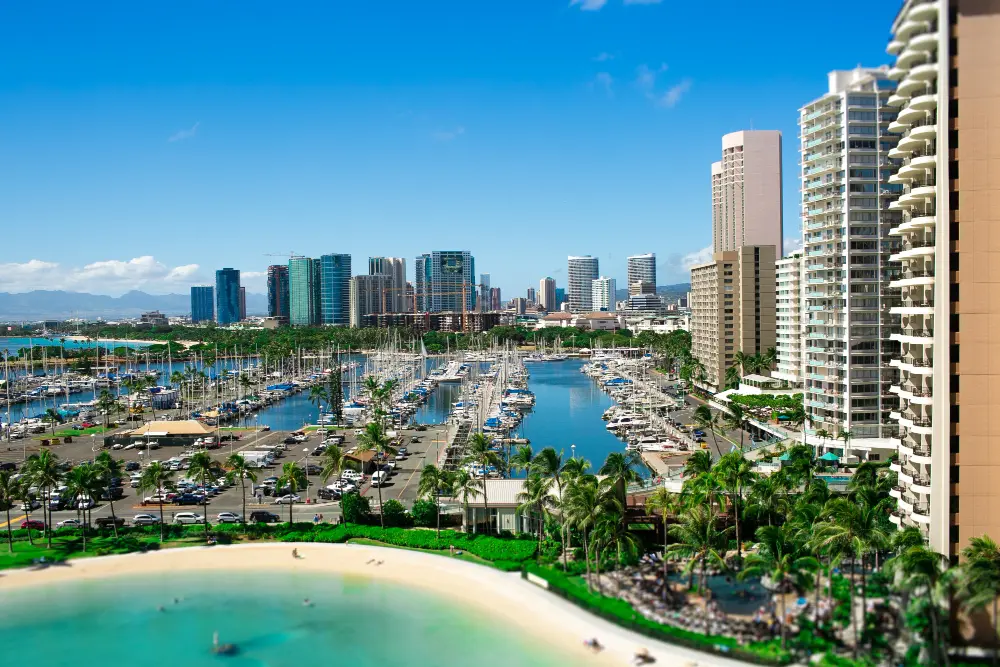Miami skyline and waterfront, a popular destination for cheap flights and beach getaways