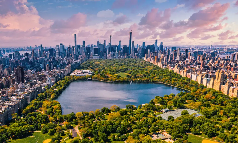 New York City skyline with Central Park, a popular destination for first-time international travelers