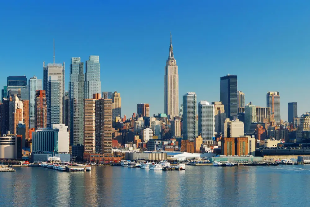 New York City skyline with iconic skyscrapers and urban streets in fall season