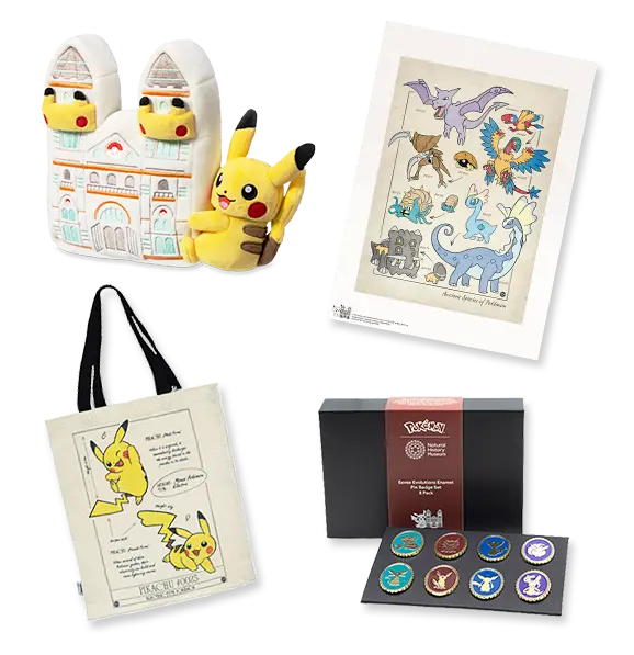 Exclusive Pokémon merchandise from the Pokémon pop-up London featuring plush toys, art prints, tote bags, and collectible pins inspired by the Natural History Museum.