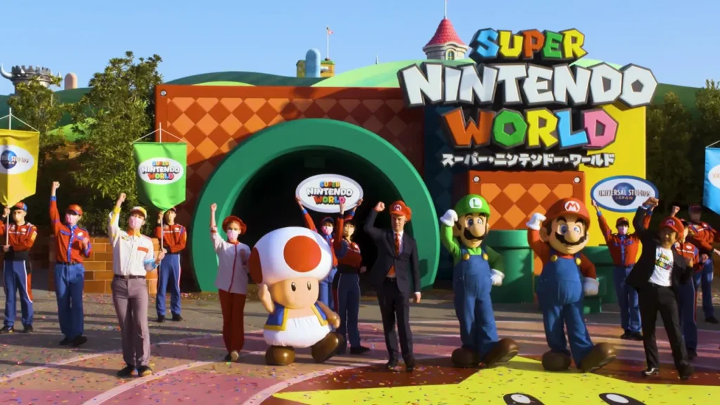 Super Nintendo World Osaka entrance with colorful Mario-themed landscape