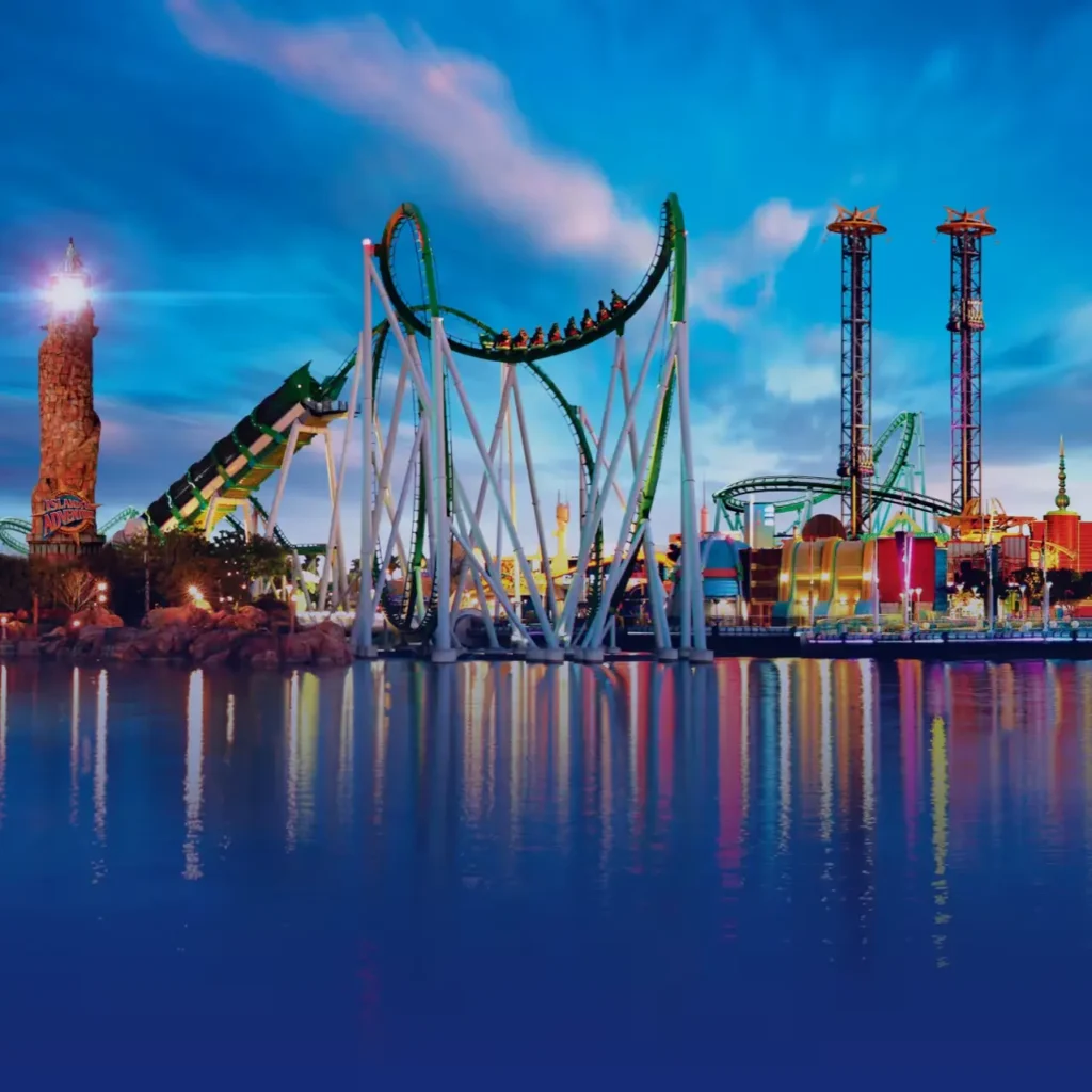 Family reviewing a park map early in the morning to plan a trip to Universal Studios with a smart daily ride strategy.