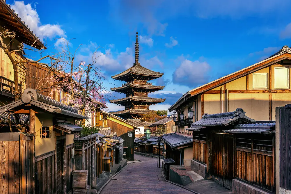 Kyoto Japan traditional temples and cherry blossoms during spring season