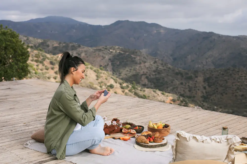 Modern highway rest area with shaded picnic tables and travelers taking a refreshing break during well-planned road stops