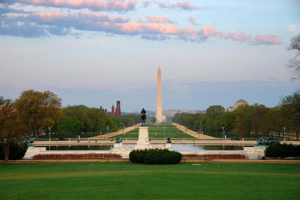 Washington DC National Mall with Smithsonian museums and monuments, families exploring free attractions representing budget spring break destinations for families