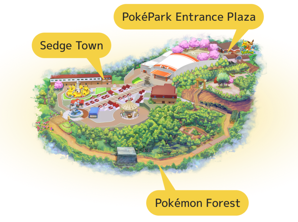 Illustrated map of PokéPark KANTO highlighting Pokémon Forest, Sedge Town, and the main entrance plaza