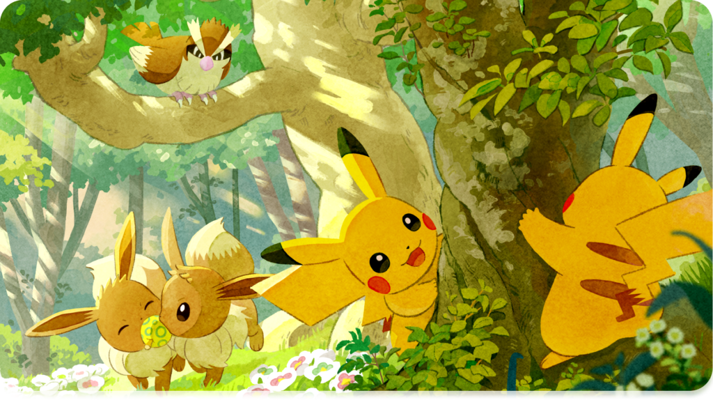 Pokémon Forest illustration at PokéPark KANTO showing Pikachu, Eevee, and wild Pokémon in a natural setting