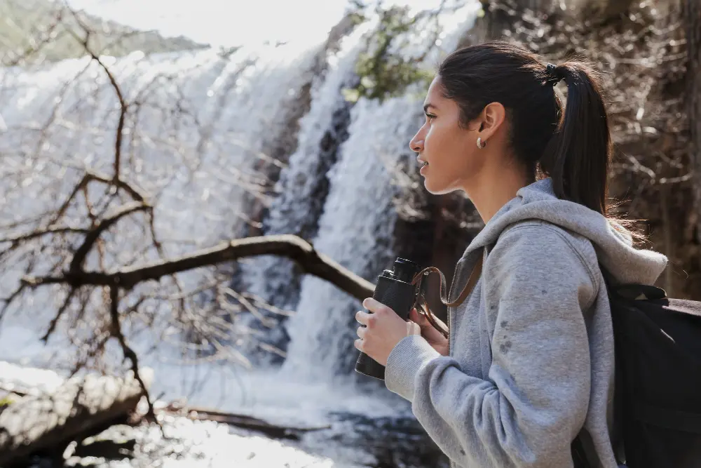 Travelers walking along a peaceful forest trail during a refreshing road stops break on a long road trip