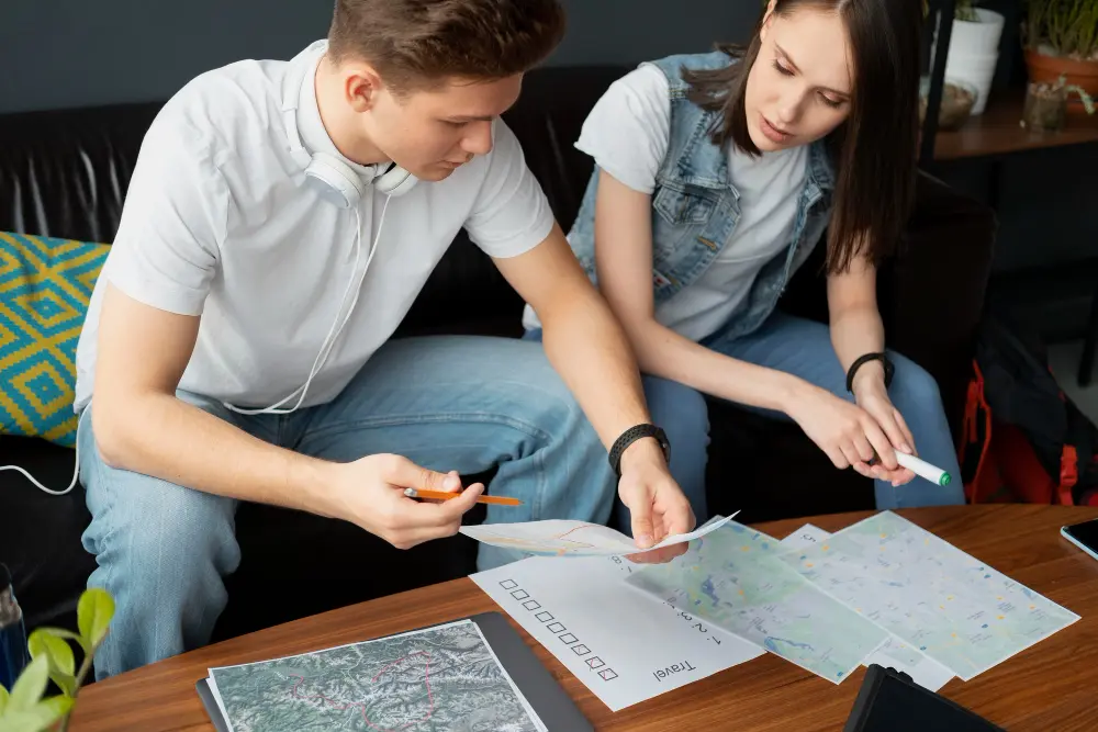 Step-by-step travel planning guide with map, notebook, and essentials for first-time travelers