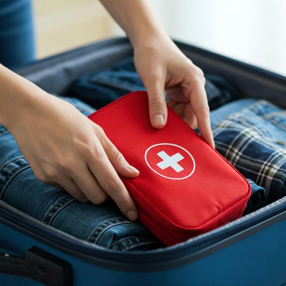 Travel first aid kit with bandages, pain relievers, antibiotics, prescription medications, and hand sanitizer for staying healthy abroad