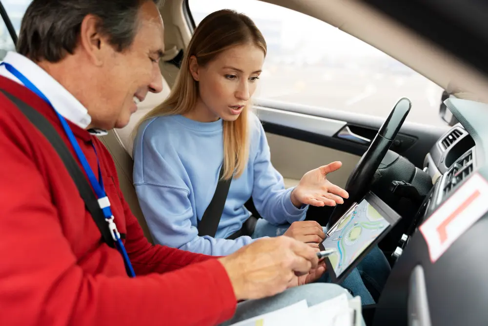 A driver checking the battery range display on an electric car dashboard before starting a road trip.