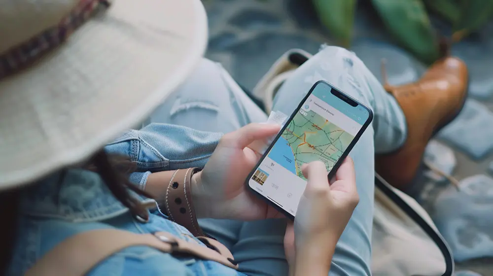 Traveler using Google Maps on a smartphone to plan a trip, with saved locations and a custom route visible on the screen.