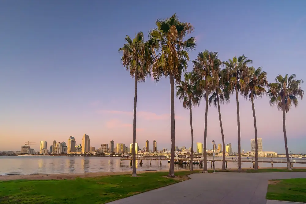San Diego California coastline with La Jolla Cove seals and families enjoying beach sunset, representing affordable West Coast spring break destinations for families on a budget