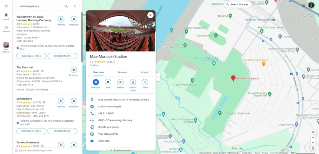 Traveler exploring a destination on Google Maps, zooming in on points of interest, attractions, and neighborhoods to research a trip.