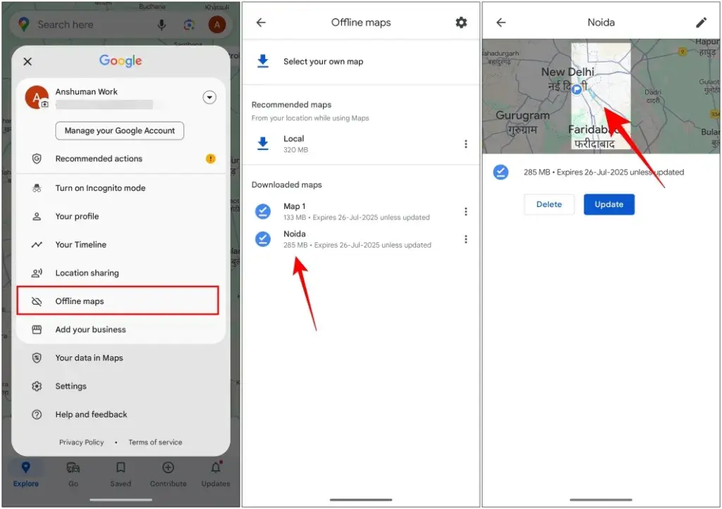 Google Maps offline download screen on a smartphone showing a selected region saved for navigation without internet, essential for how to plan a road trip on google maps in remote areas.