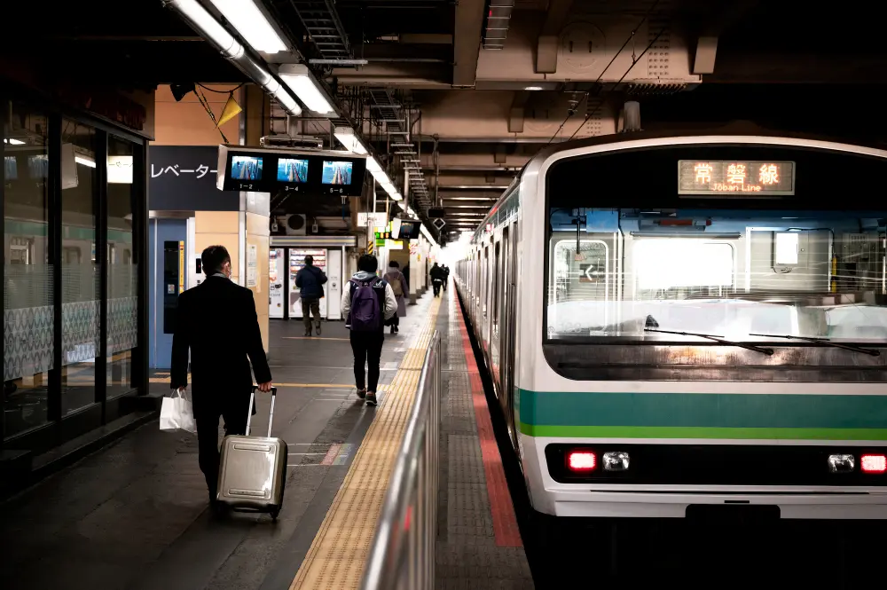 A sleek Japanese Shinkansen bullet train at a station platform, highlighting transportation options when calculating how much to travel japan.